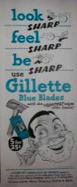 A sign with a bit of an old-timey design, showing an illustration of someone shaving, and insisting that they look sharp, feel sharp, and be sharp.