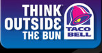 A blue background with the Taco Bell logo, saying the words 'Think Outside the Bun' in white text.